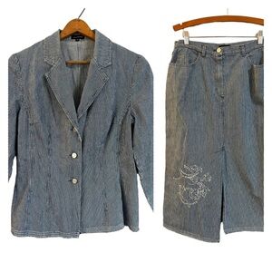 Caroline Biss Blazer Skirt Outfit Set Size 42 Denim Teacher Academia